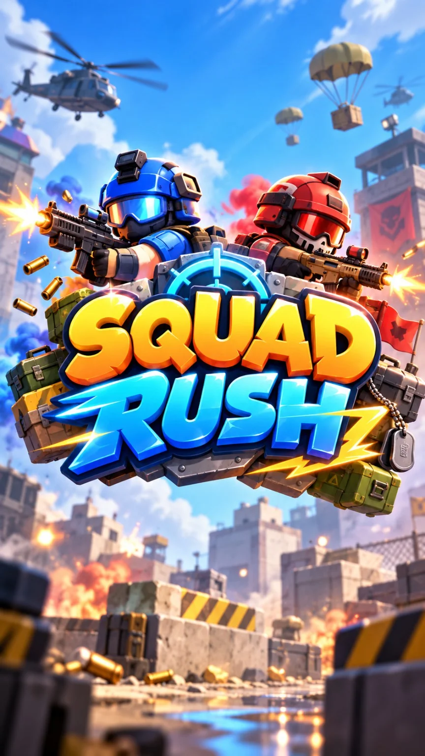 파란색과 빨간색 현대전 병사들이 등장하는 SQUAD RUSH 게임 포스터